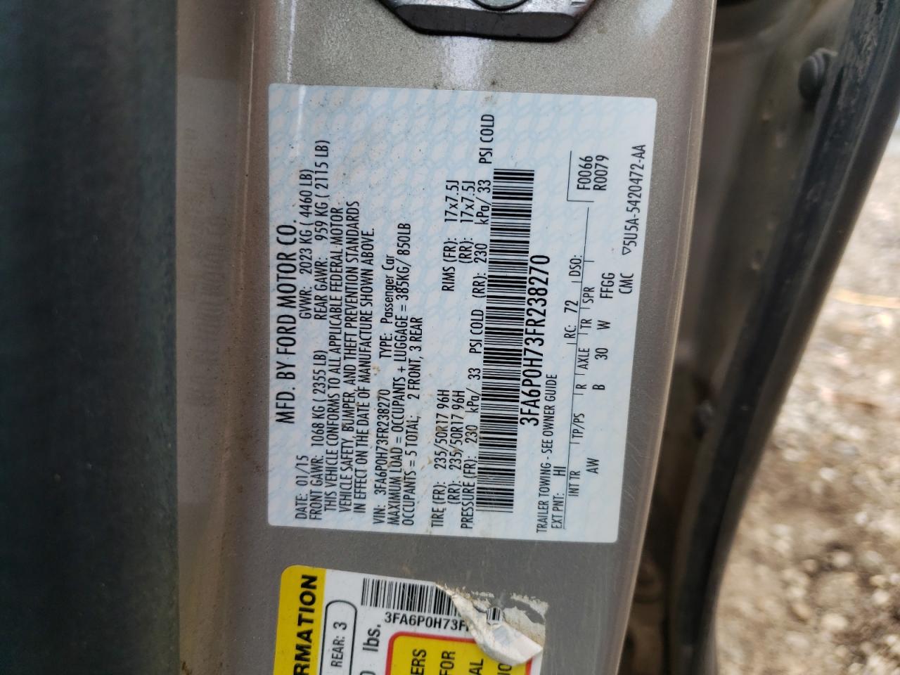 Photo 10 from auction – 2015 FORD FUSION SE with VIN 3FA6P0H73FR238270