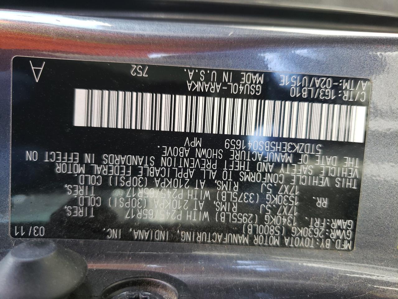 Photo 10 from auction – 2011 TOYOTA HIGHLANDER with VIN 5TDZK3EH5BS041659