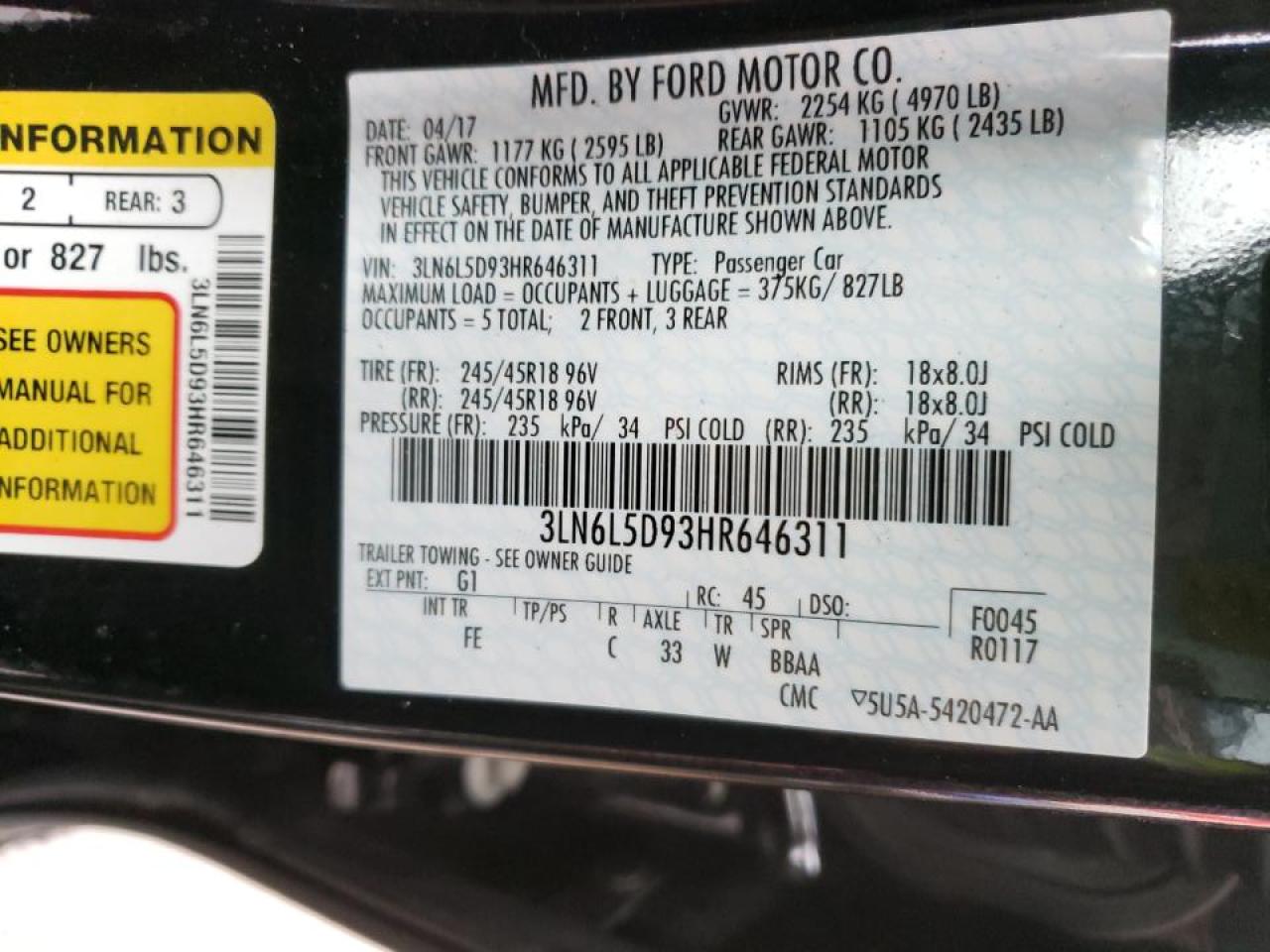 Photo 10 from auction – 2017 LINCOLN MKZ SELECT with VIN 3LN6L5D93HR646311