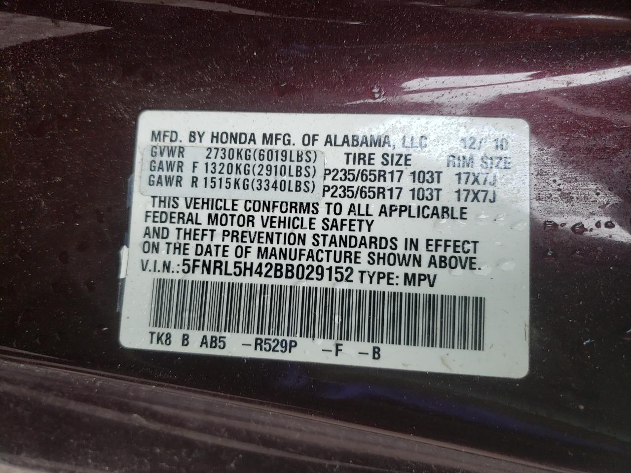 Photo 10 from auction – 2011 HONDA ODYSSEY EX with VIN 5FNRL5H42BB029152