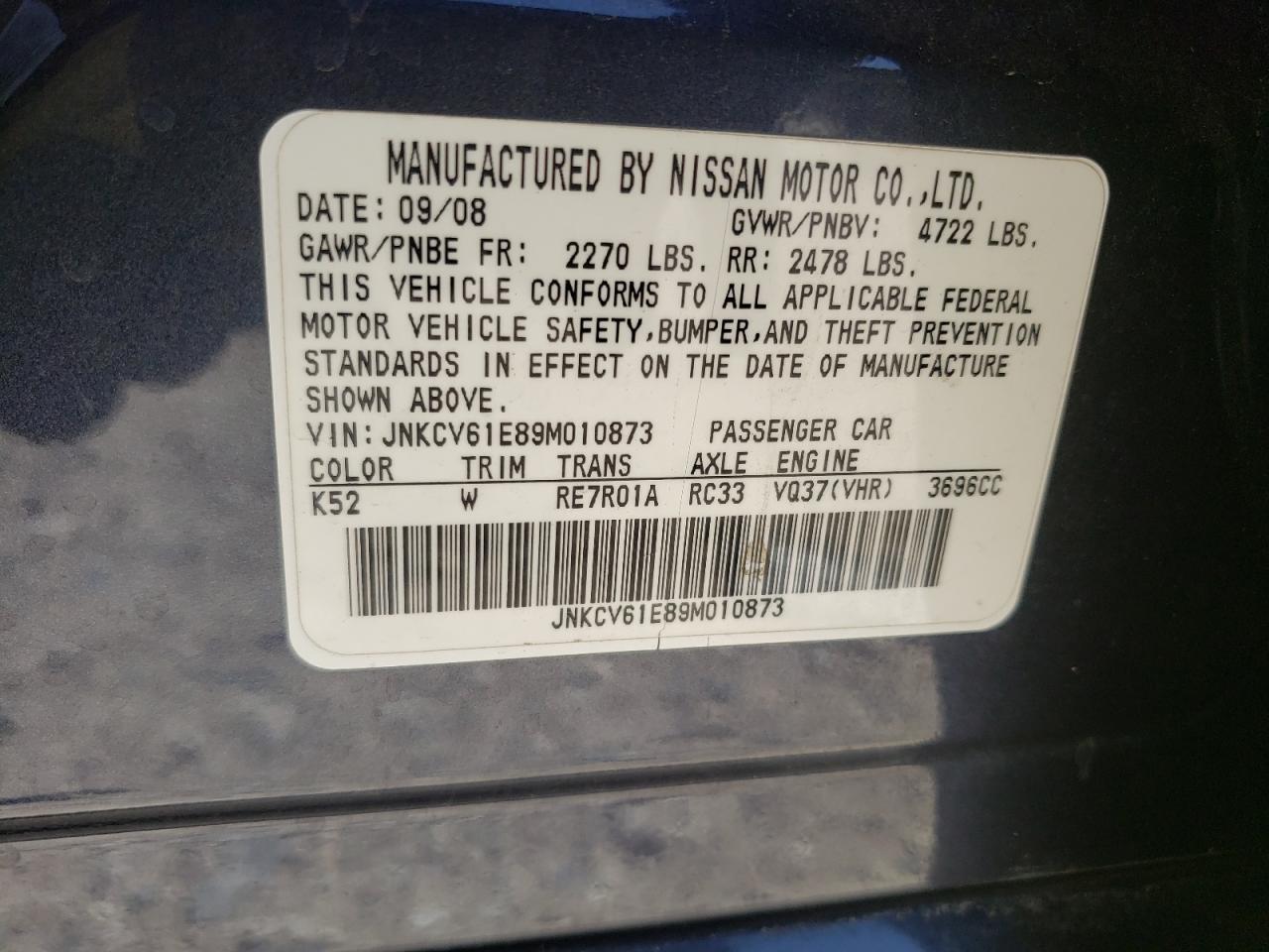 Photo 10 from auction – 2009 INFINITI G37 BASE with VIN JNKCV61E89M010873