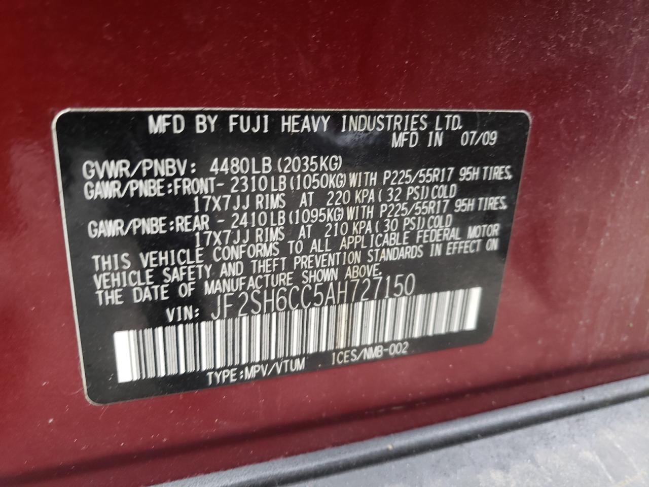 Photo 10 from auction – 2010 SUBARU FORESTER 2 with VIN JF2SH6CC5AH727150
