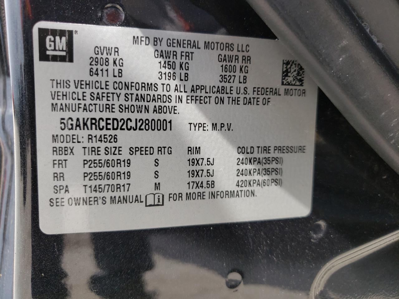 Photo 10 from auction – 2012 BUICK ENCLAVE with VIN 5GAKRCED2CJ280001