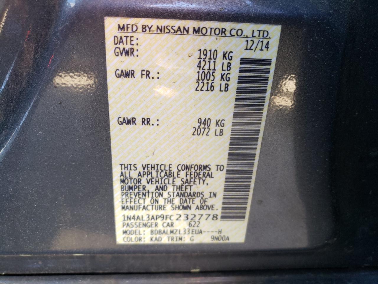 Photo 10 from auction – 2015 NISSAN ALTIMA 2.5 with VIN 1N4AL3AP9FC232778
