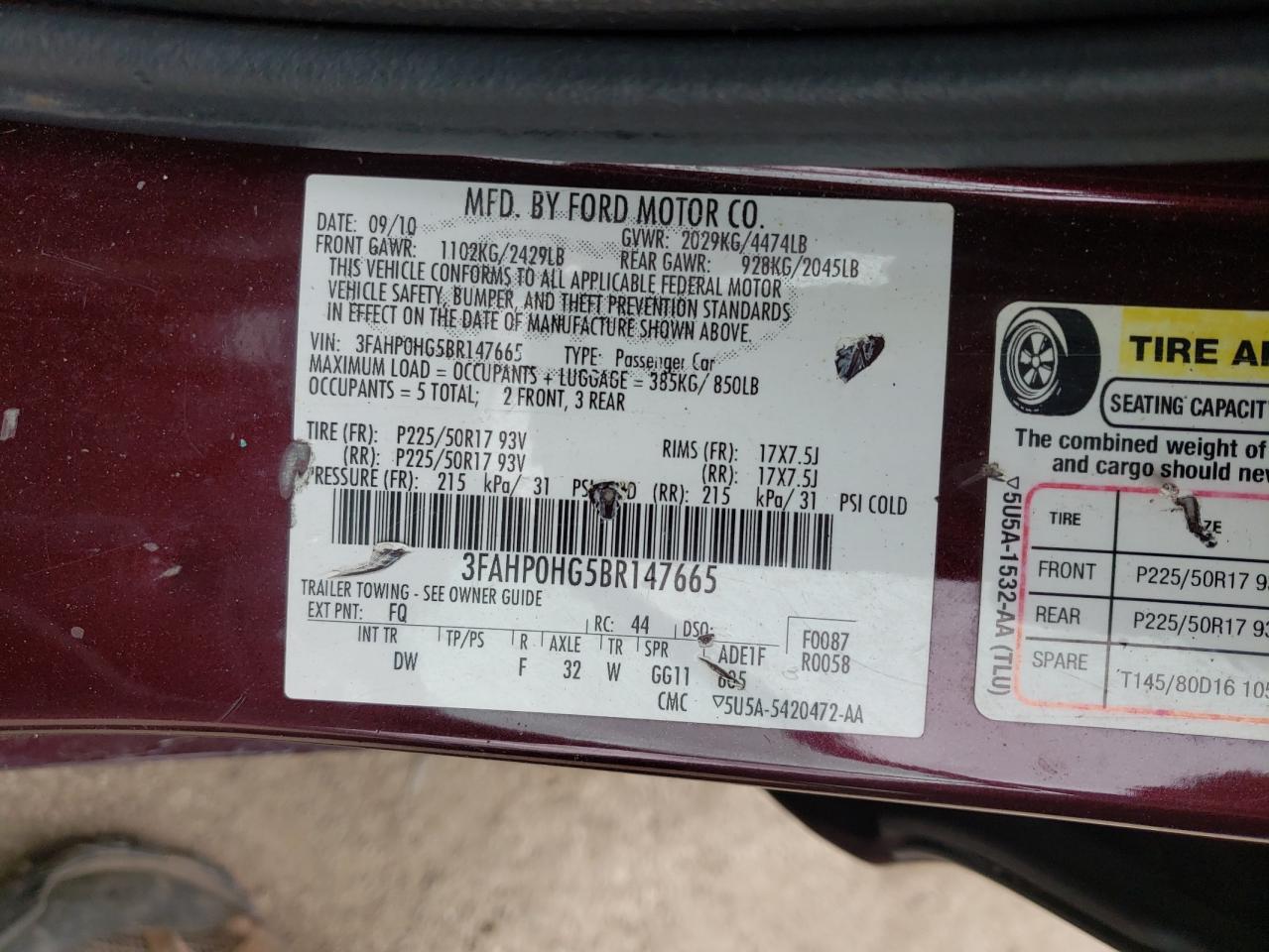 Photo 10 from auction – 2011 FORD FUSION SE with VIN 3FAHP0HG5BR147665