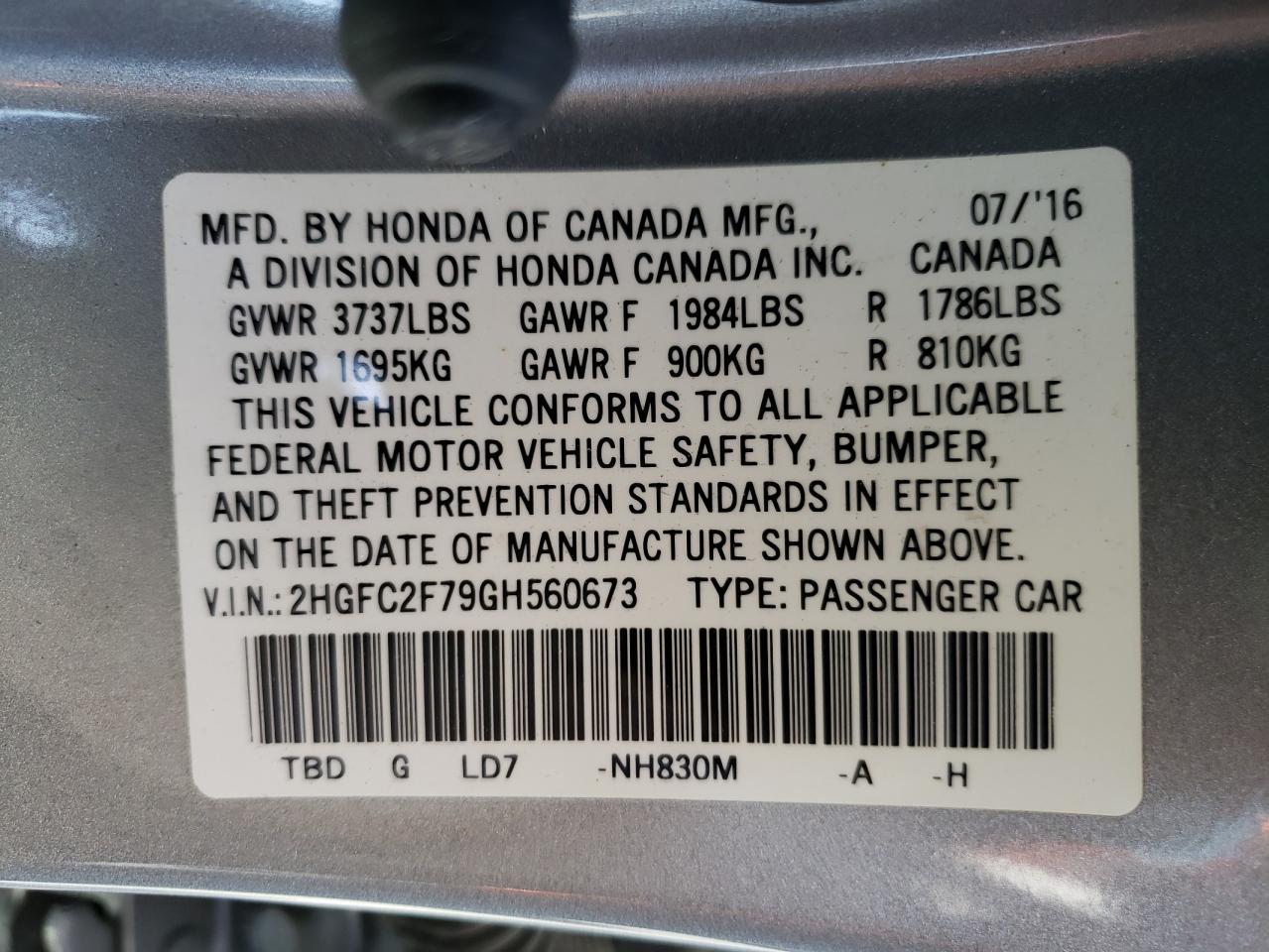 Photo 10 from auction – 2016 HONDA CIVIC EX with VIN 2HGFC2F79GH560673
