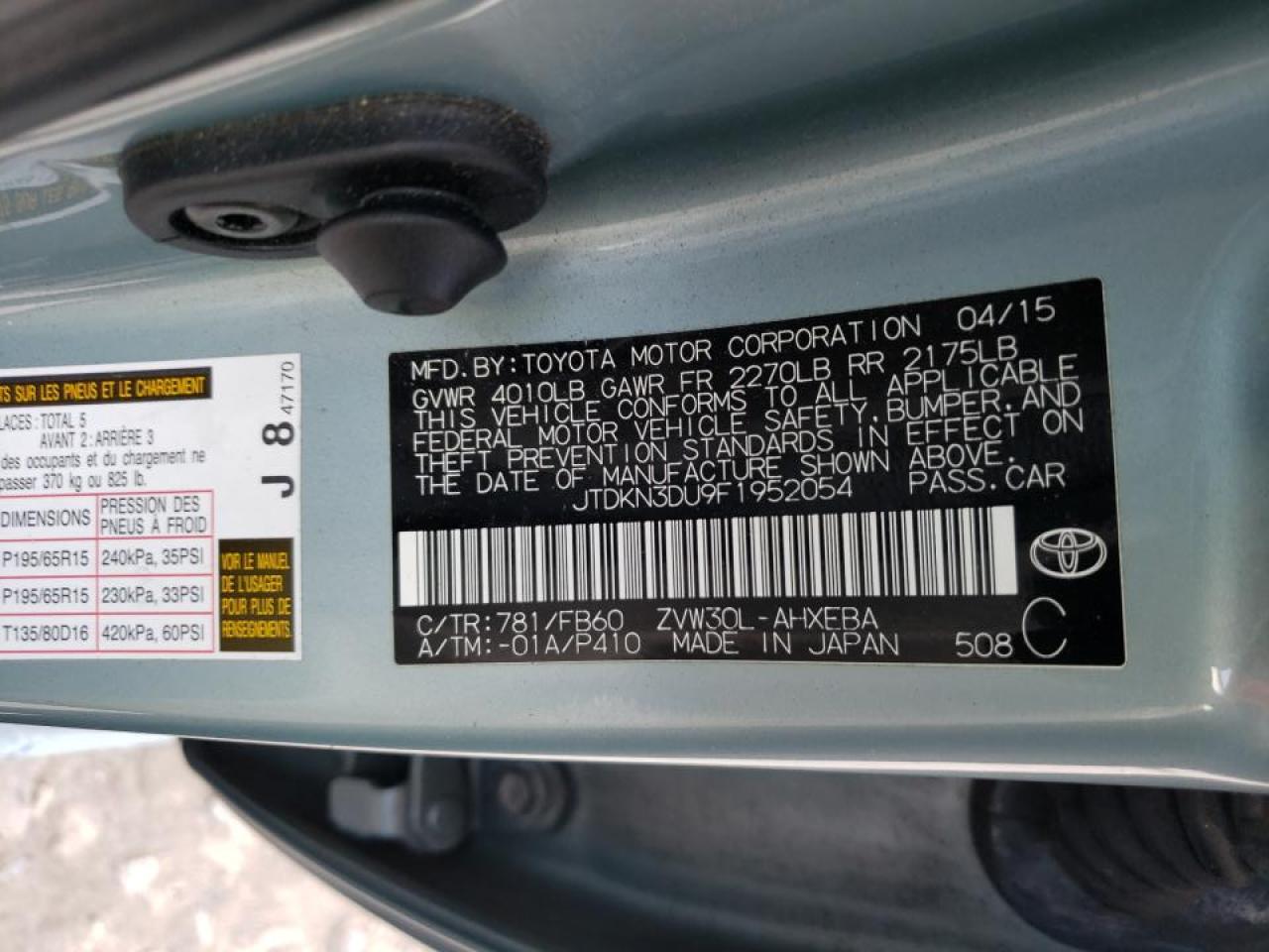 Photo 10 from auction – 2015 TOYOTA PRIUS with VIN JTDKN3DU9F1952054