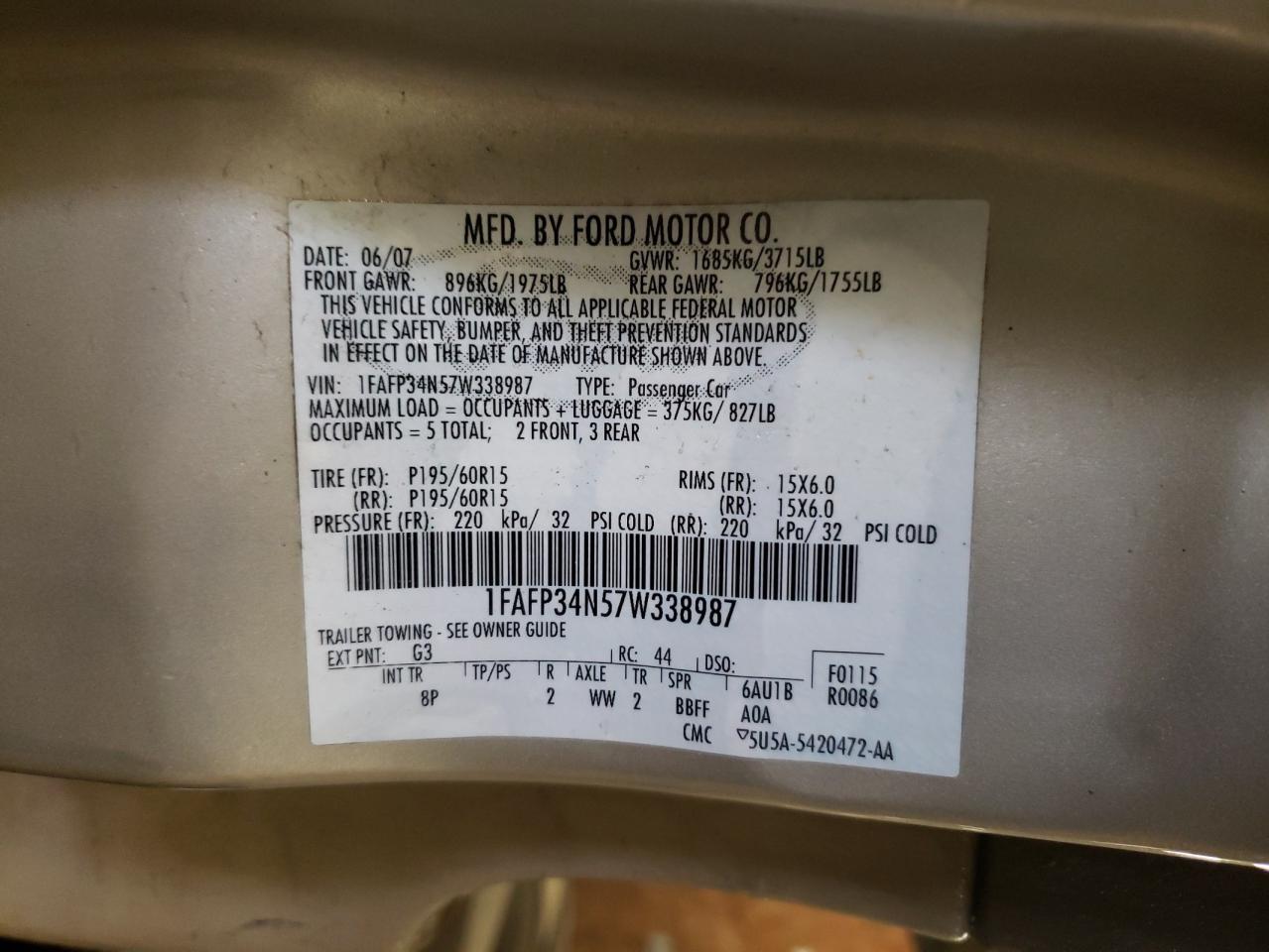 Photo 10 from auction – 2007 FORD FOCUS ZX4 with VIN 1FAFP34N57W338987