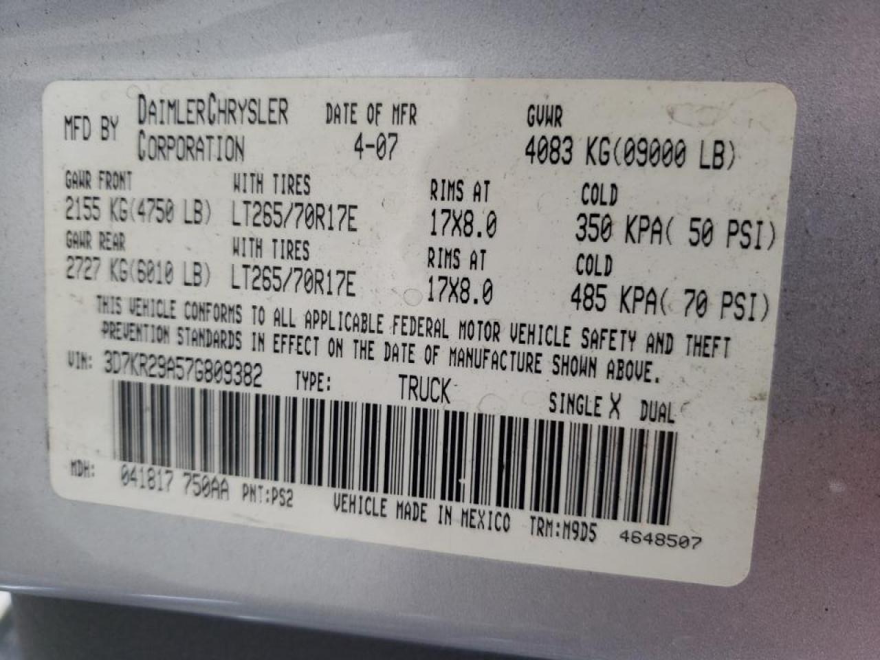 Photo 10 from auction – 2007 DODGE RAM 2500 with VIN 3D7KR29A57G809382