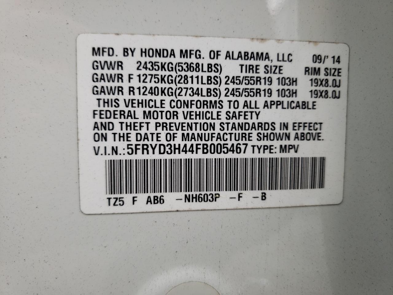 Photo 10 from auction – 2015 ACURA MDX TECHNO with VIN 5FRYD3H44FB005467