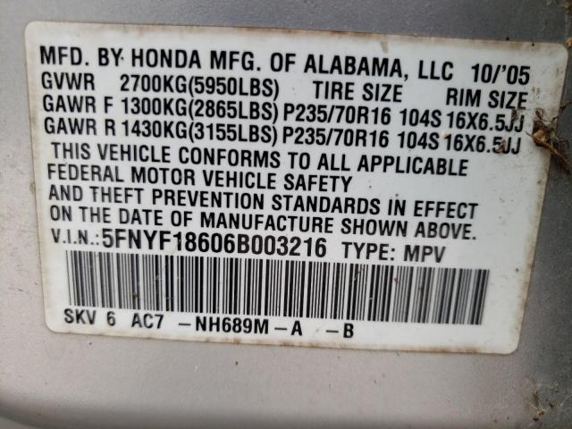 Photo 10 from auction – 2006 HONDA PILOT EX with VIN 5FNYF18606B003216