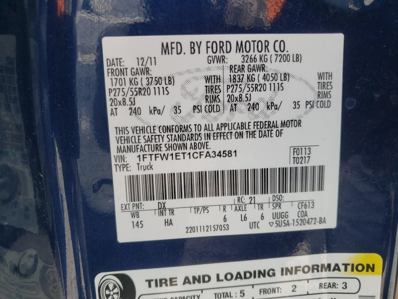Photo 10 from auction – 2012 FORD F150 SUPER with VIN 1FTFW1ET1CFA34581