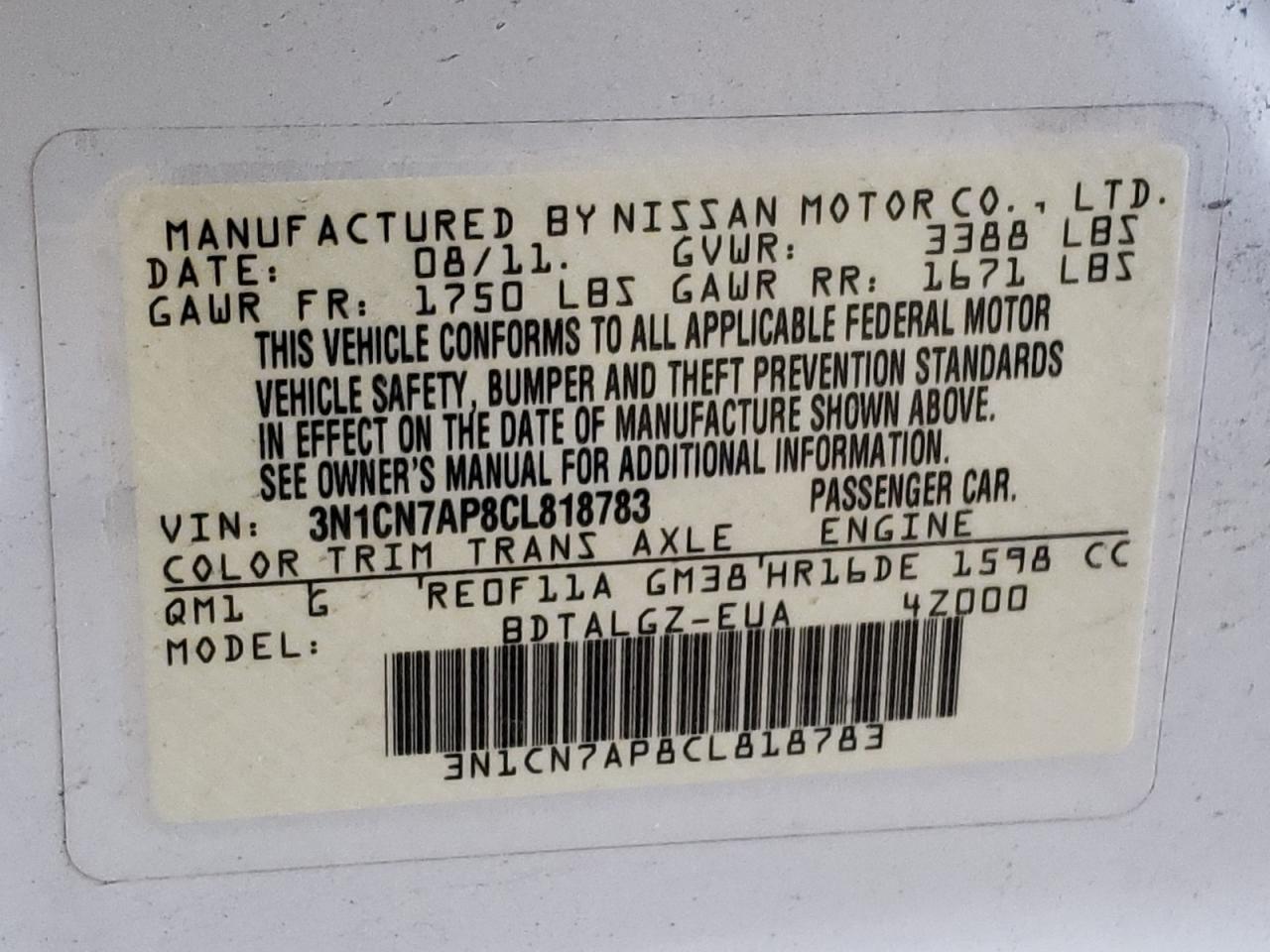 Photo 10 from auction – 2012 NISSAN VERSA S with VIN 3N1CN7AP8CL818783