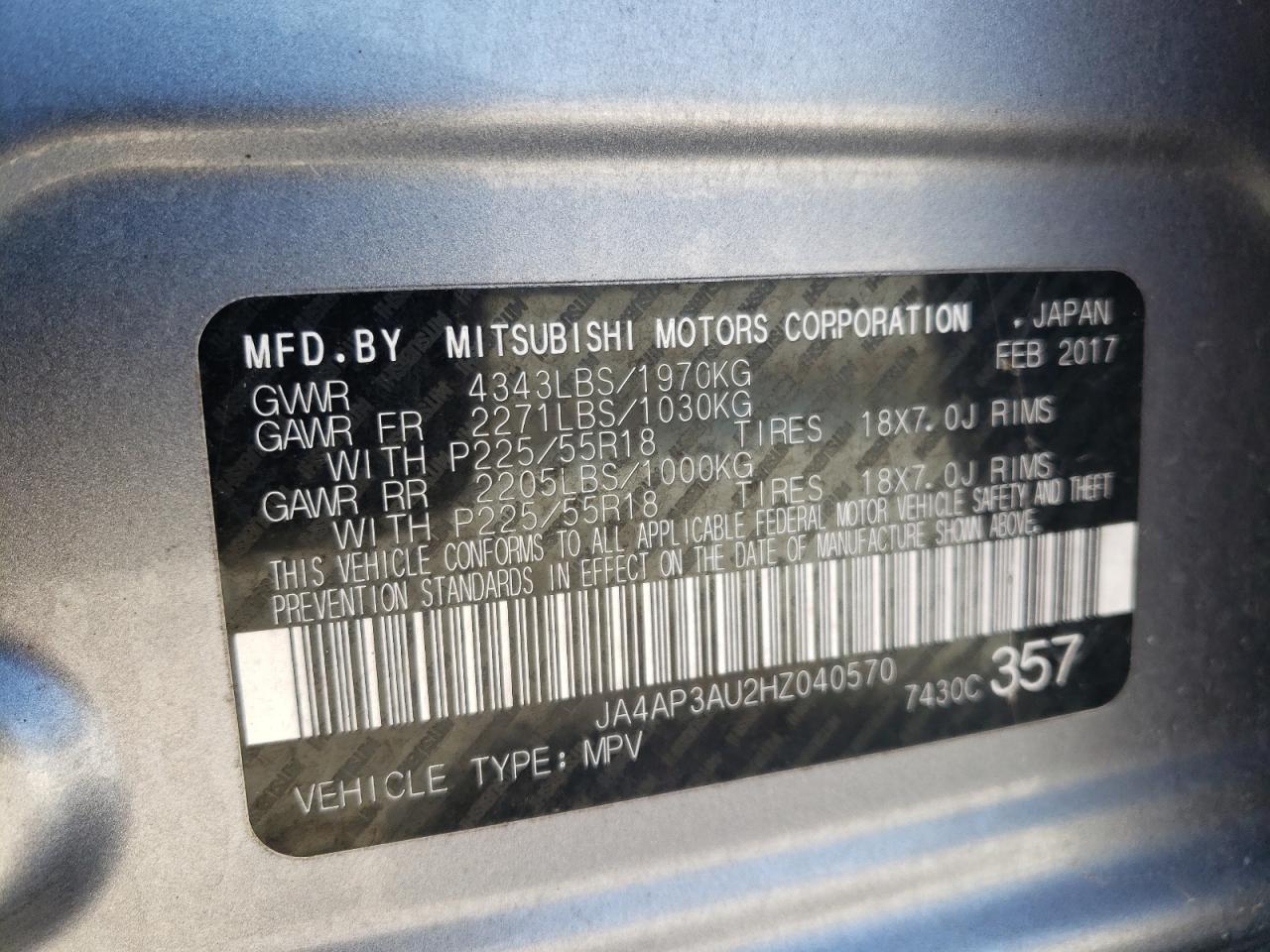 Photo 10 from auction – 2017 MITSUBISHI OUTLANDER with VIN JA4AP3AU2HZ040570