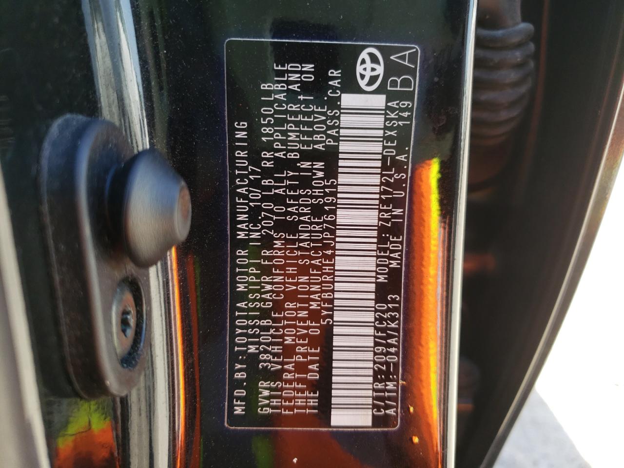 Photo 10 from auction – 2018 TOYOTA COROLLA L with VIN 5YFBURHE4JP761915