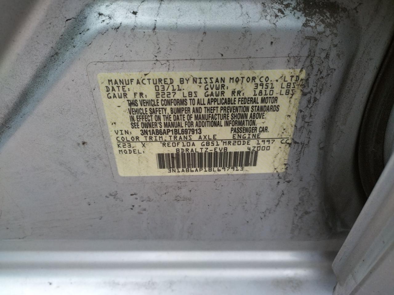 Photo 10 from auction – 2011 NISSAN SENTRA 2.0 with VIN 3N1AB6AP1BL697913