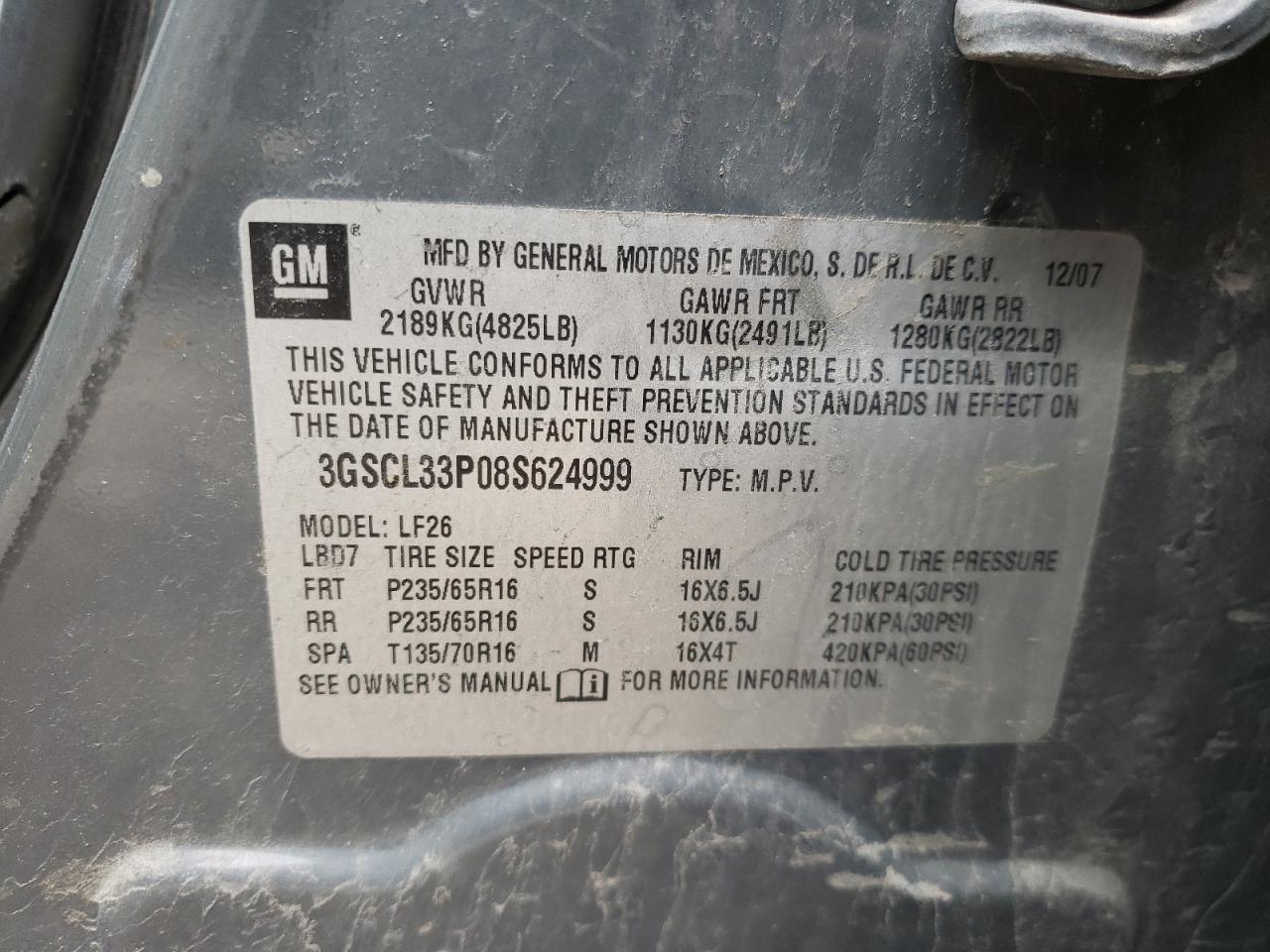Photo 10 from auction – 2008 SATURN VUE XE with VIN 3GSCL33P08S624999