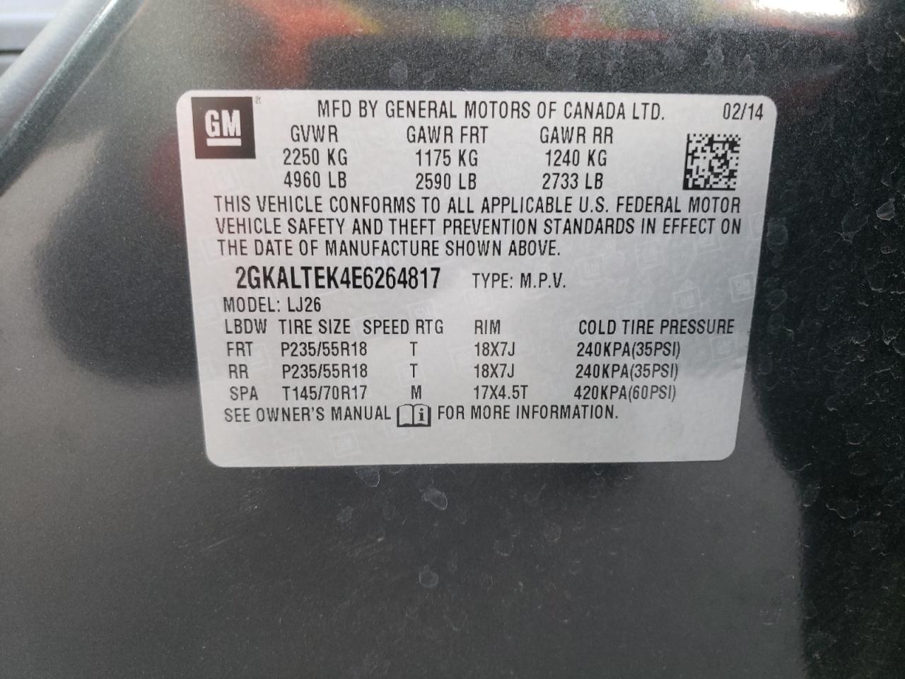 Photo 10 from auction – 2014 GMC TERRAIN SL with VIN 2GKALTEK4E6264817