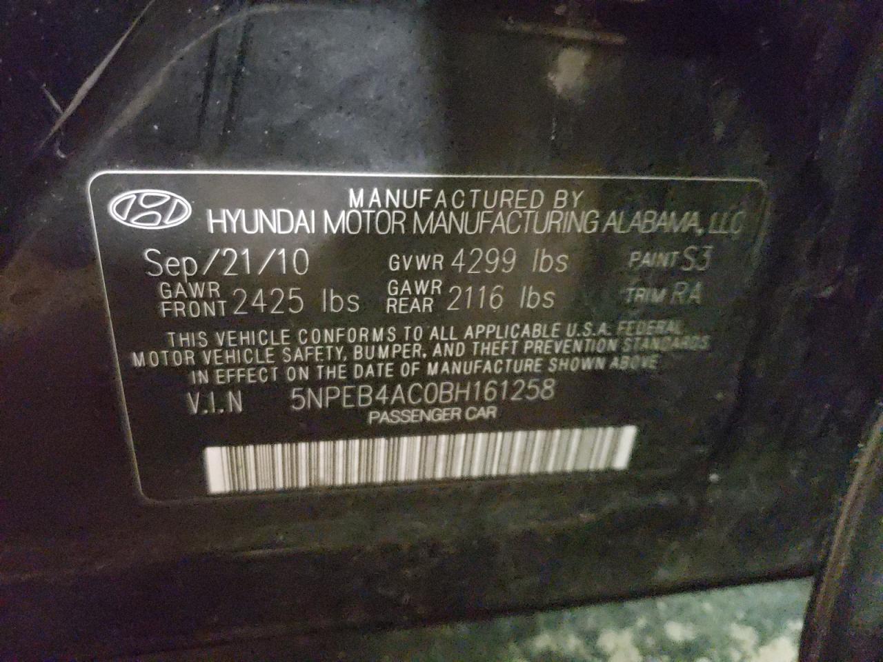 Photo 10 from auction – 2011 HYUNDAI SONATA GLS with VIN 5NPEB4AC0BH161258