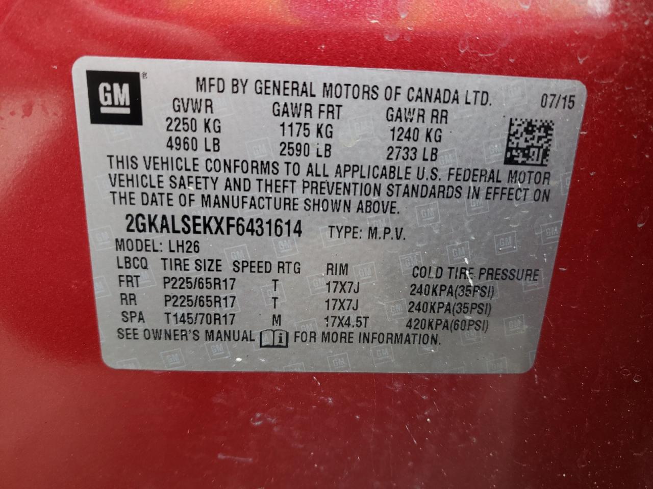 Photo 10 from auction – 2015 GMC TERRAIN SL with VIN 2GKALSEKXF6431614