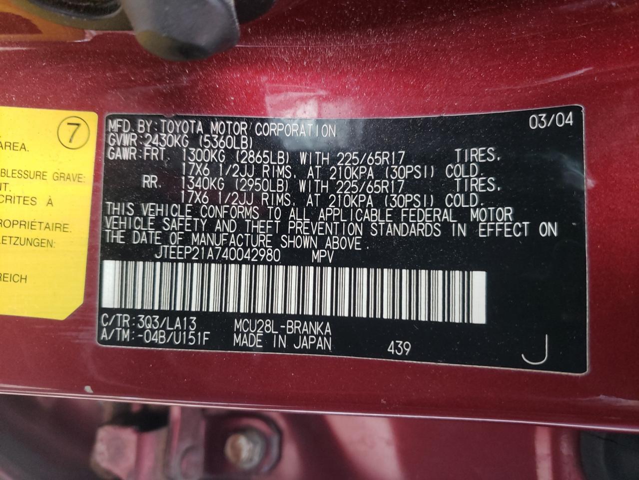 Photo 10 from auction – 2004 TOYOTA HIGHLANDER with VIN JTEEP21A740042980