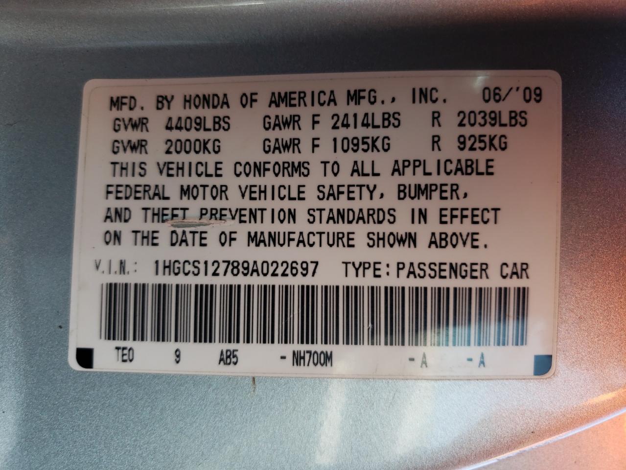 Photo 10 from auction – 2009 HONDA ACCORD EX with VIN 1HGCS12789A022697