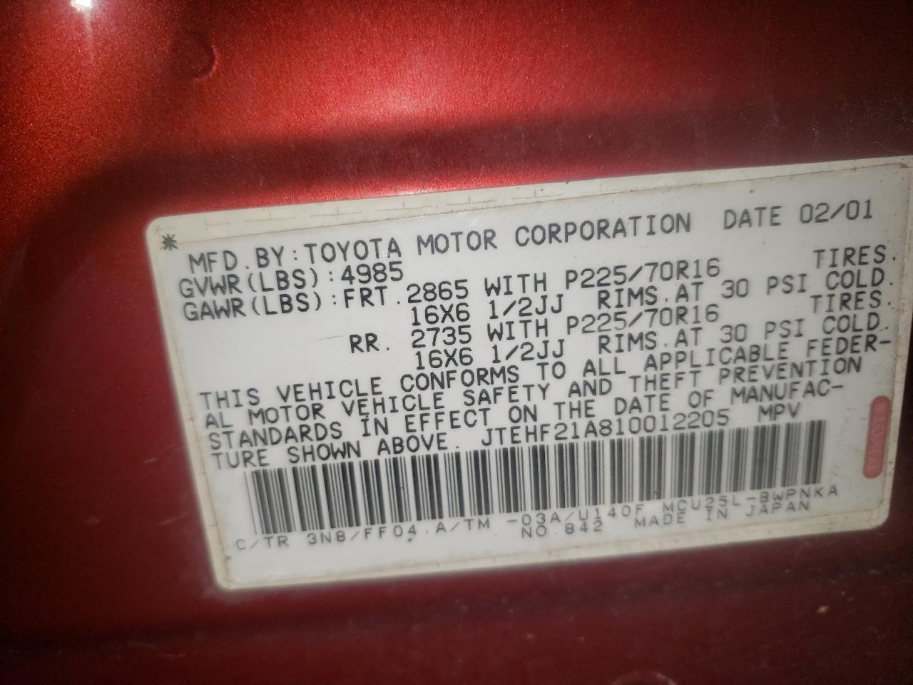 Photo 10 from auction – 2001 TOYOTA HIGHLANDER with VIN JTEHF21A810012205