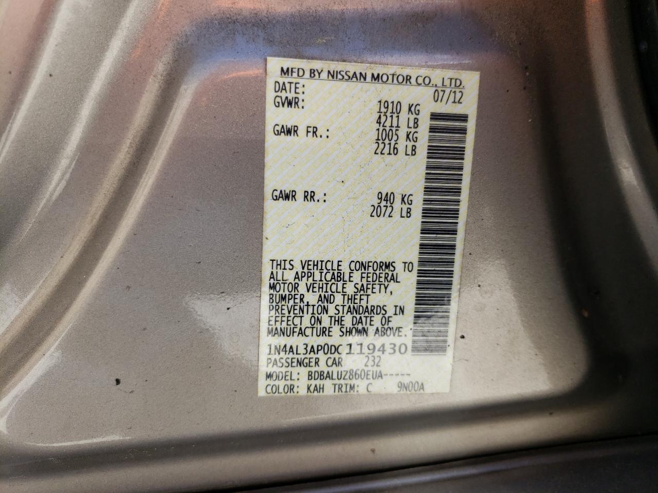 Photo 10 from auction – 2013 NISSAN ALTIMA 2.5 with VIN 1N4AL3AP0DC119430