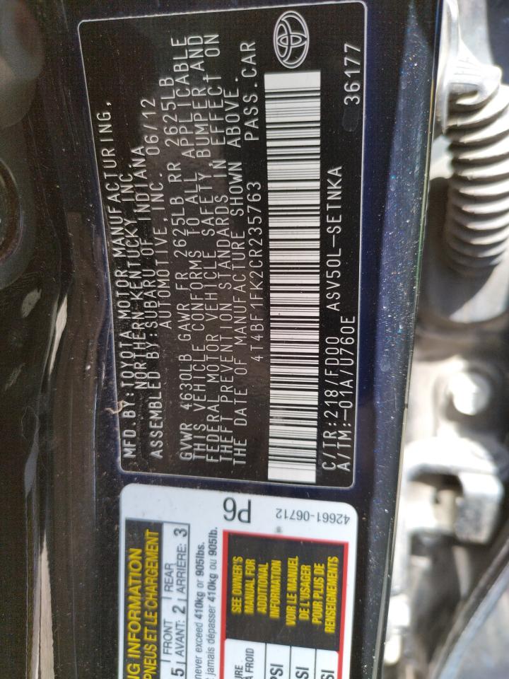 Photo 10 from auction – 2012 TOYOTA CAMRY BASE with VIN 4T4BF1FK2CR235763
