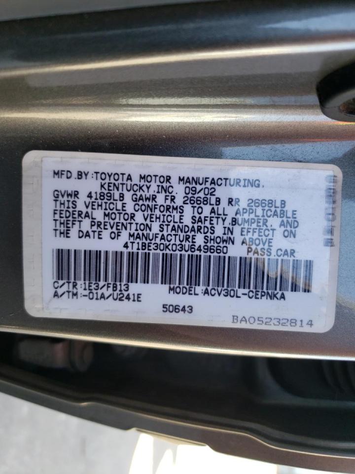 Photo 10 from auction – 2003 TOYOTA CAMRY LE with VIN 4T1BE30K03U649660