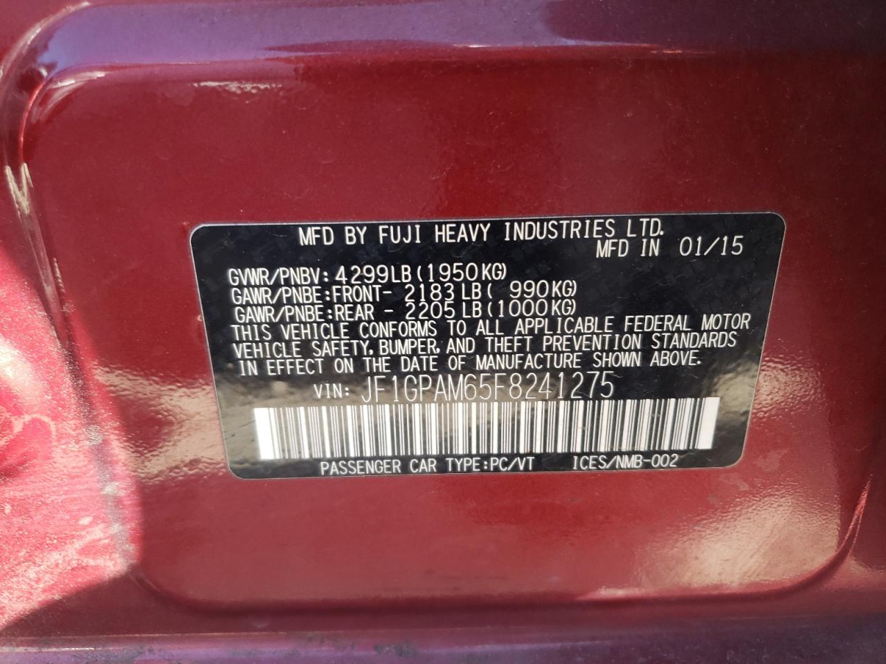 Photo 10 from auction – 2015 SUBARU IMPREZA with VIN JF1GPAM65F8241275