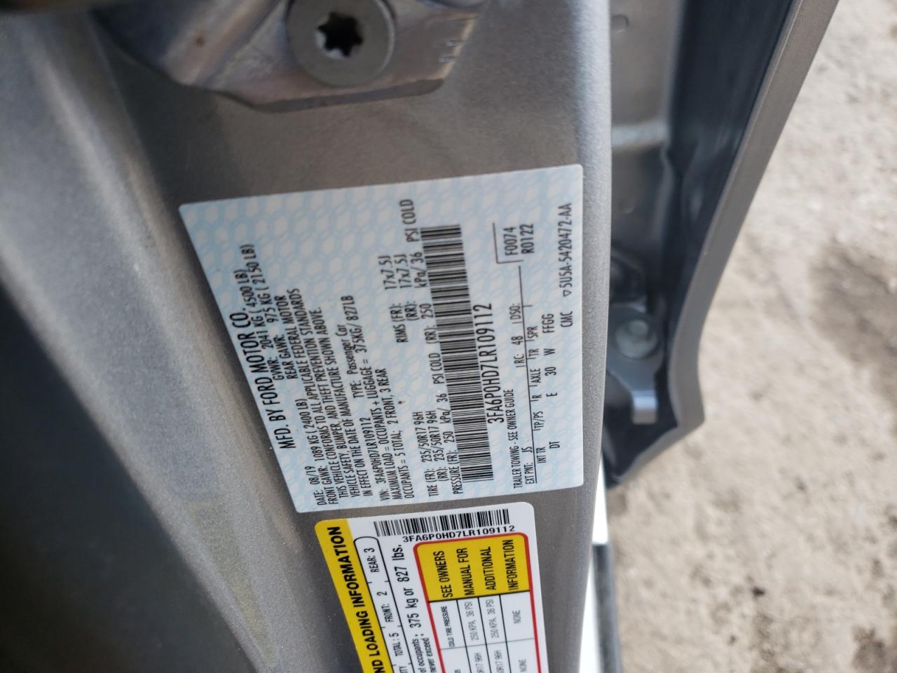 Photo 10 from auction – 2020 FORD FUSION SE with VIN 3FA6P0HD7LR109112