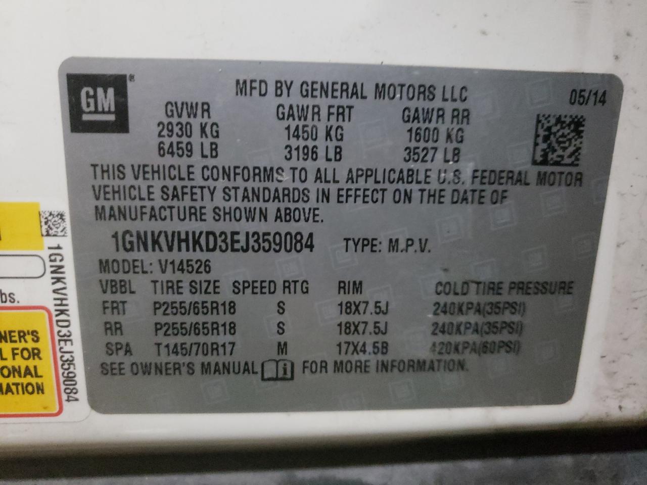 Photo 10 from auction – 2014 CHEVROLET TRAVERSE L with VIN 1GNKVHKD3EJ359084