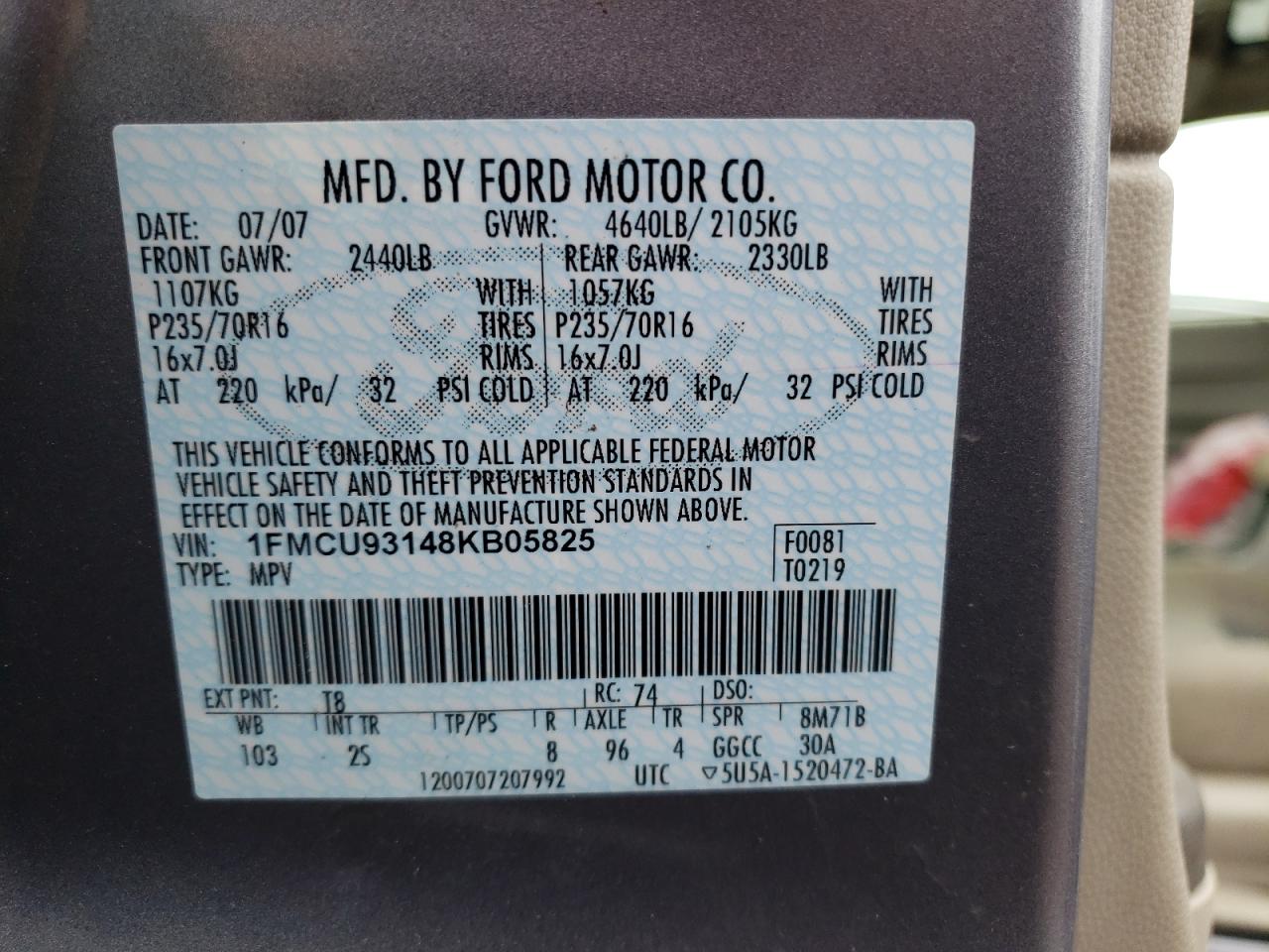 Photo 10 from auction – 2008 FORD ESCAPE with VIN 1FMCU93148KB05825