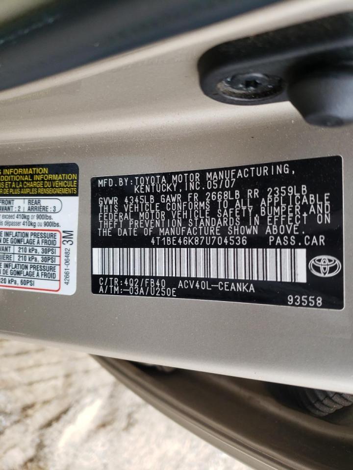Photo 10 from auction – 2007 TOYOTA CAMRY CE with VIN 4T1BE46K87U704536