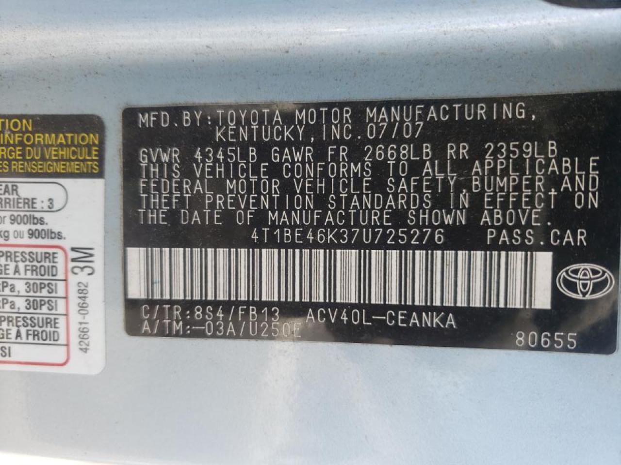 Photo 10 from auction – 2007 TOYOTA CAMRY CE with VIN 4T1BE46K37U725276