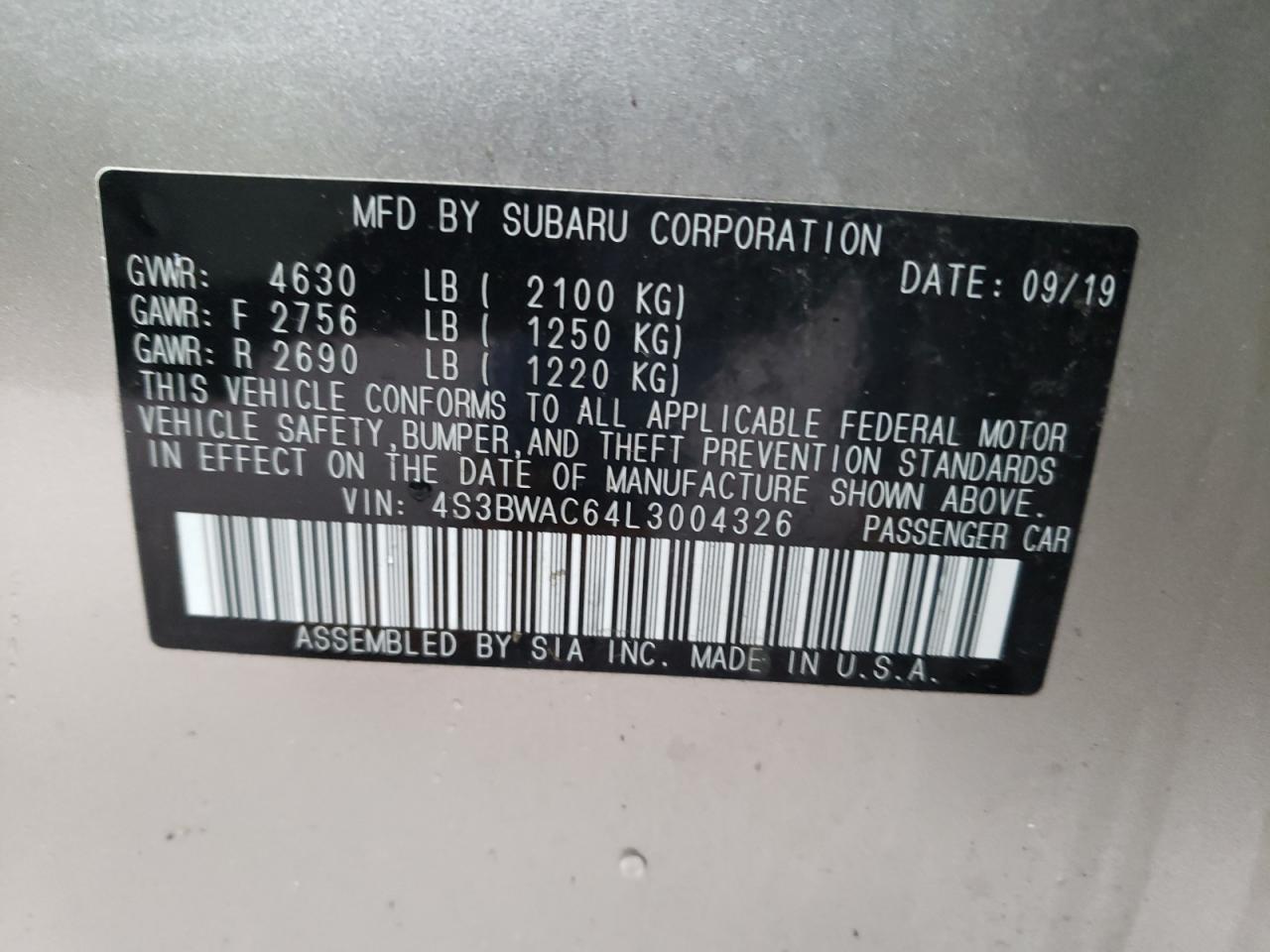 Photo 10 from auction – 2020 SUBARU LEGACY PRE with VIN 4S3BWAC64L3004326