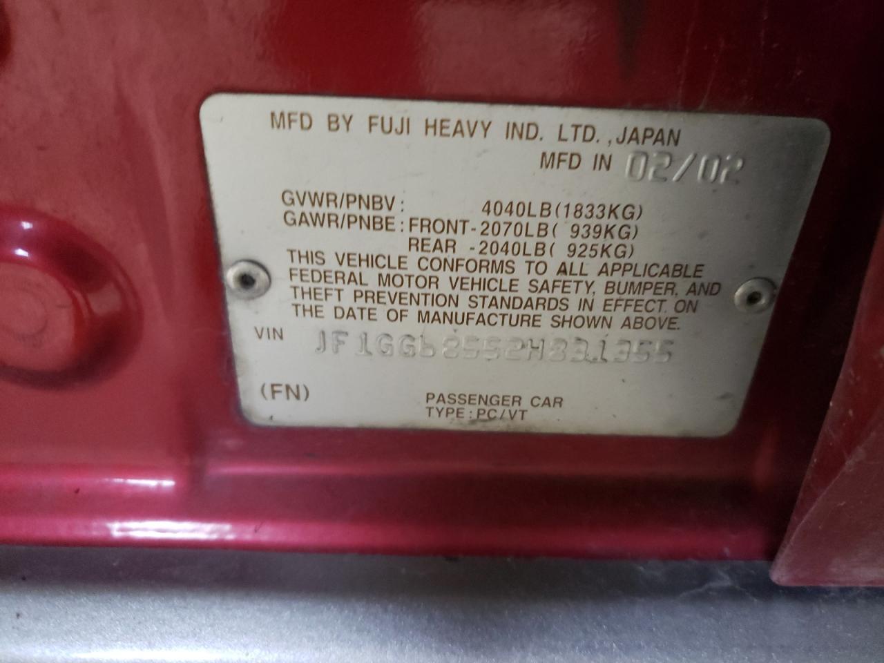 Photo 10 from auction – 2002 SUBARU IMPREZA OU with VIN JF1GG68552H831355