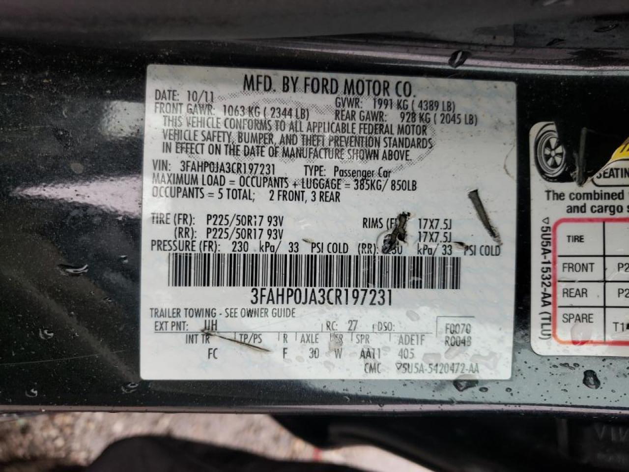 Photo 10 from auction – 2012 FORD FUSION SEL with VIN 3FAHP0JA3CR197231