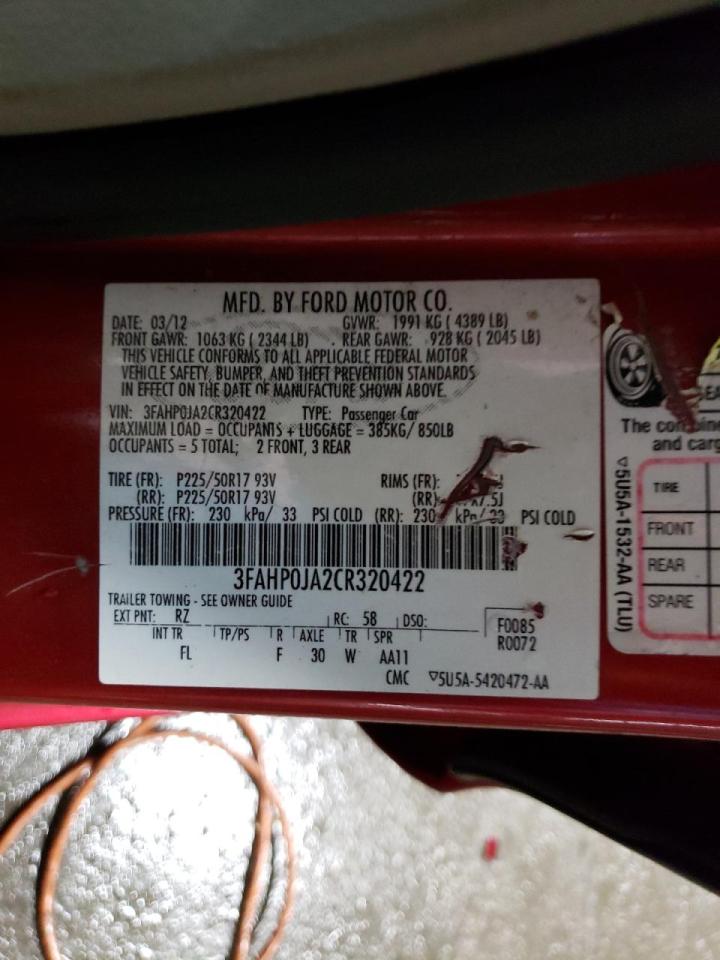 Photo 10 from auction – 2012 FORD FUSION SEL with VIN 3FAHP0JA2CR320422