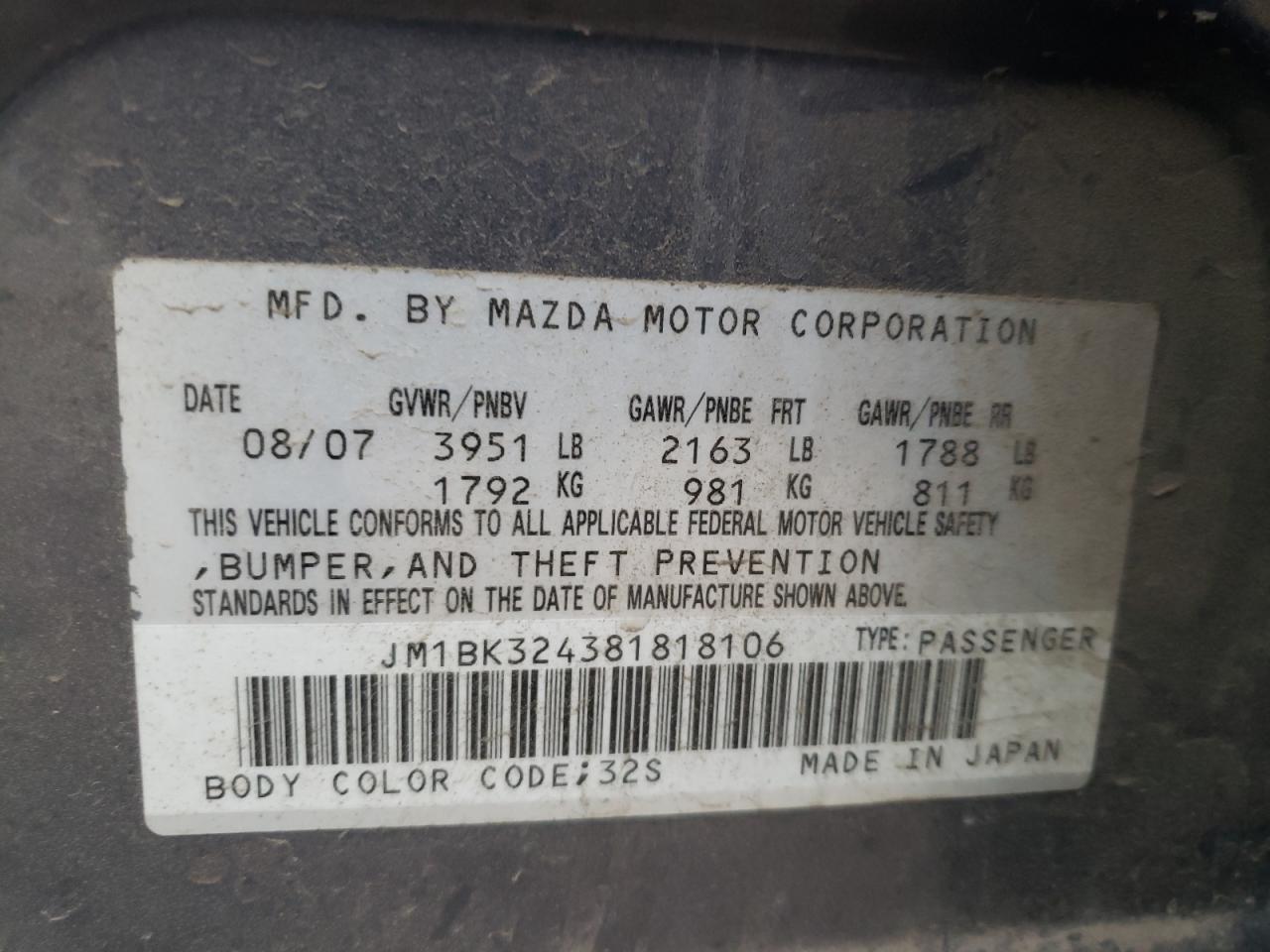 Photo 10 from auction – 2008 MAZDA 3 S with VIN JM1BK324381818106