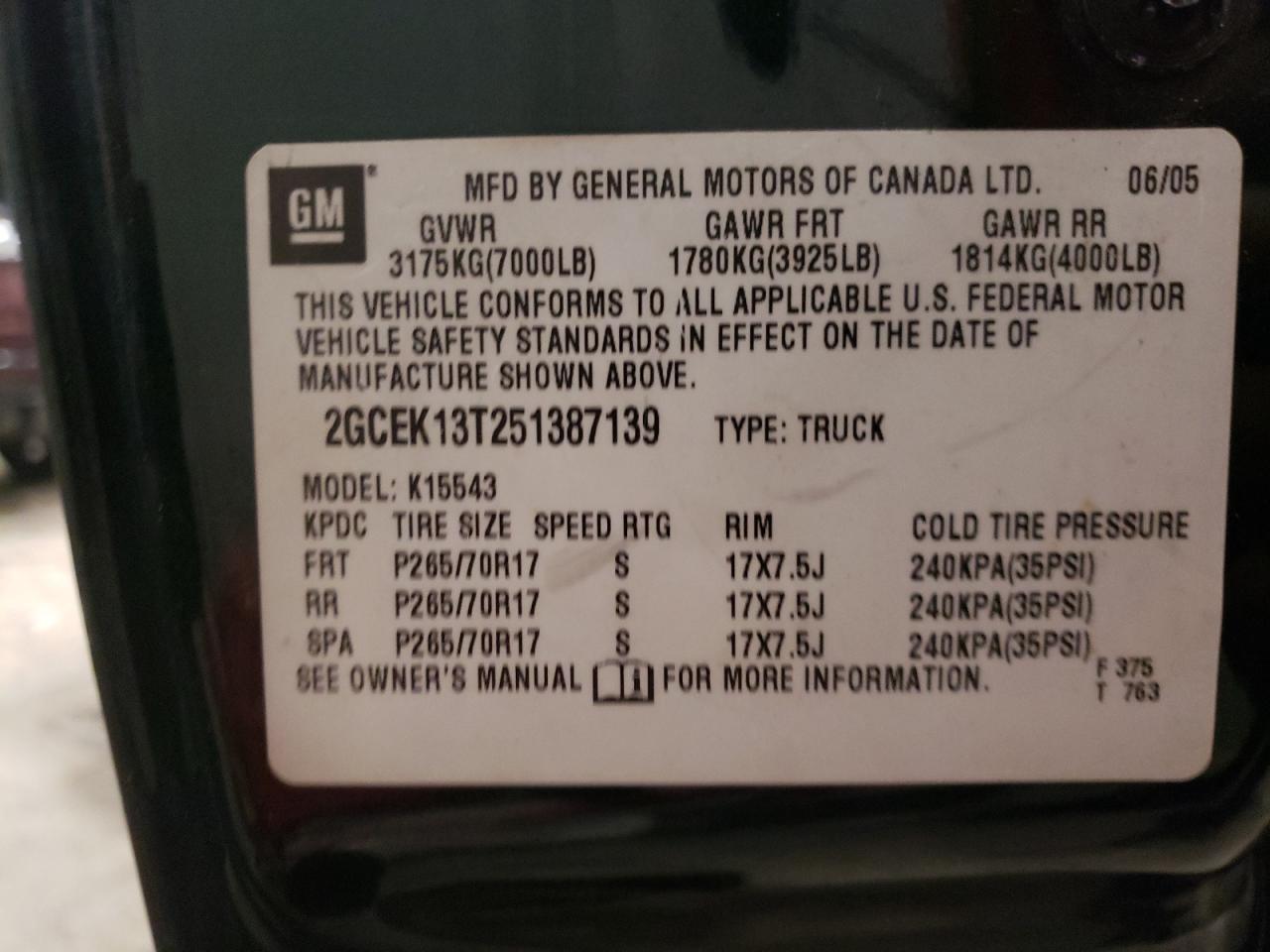 Photo 10 from auction – 2005 CHEVROLET SILVERADO with VIN 2GCEK13T251387139