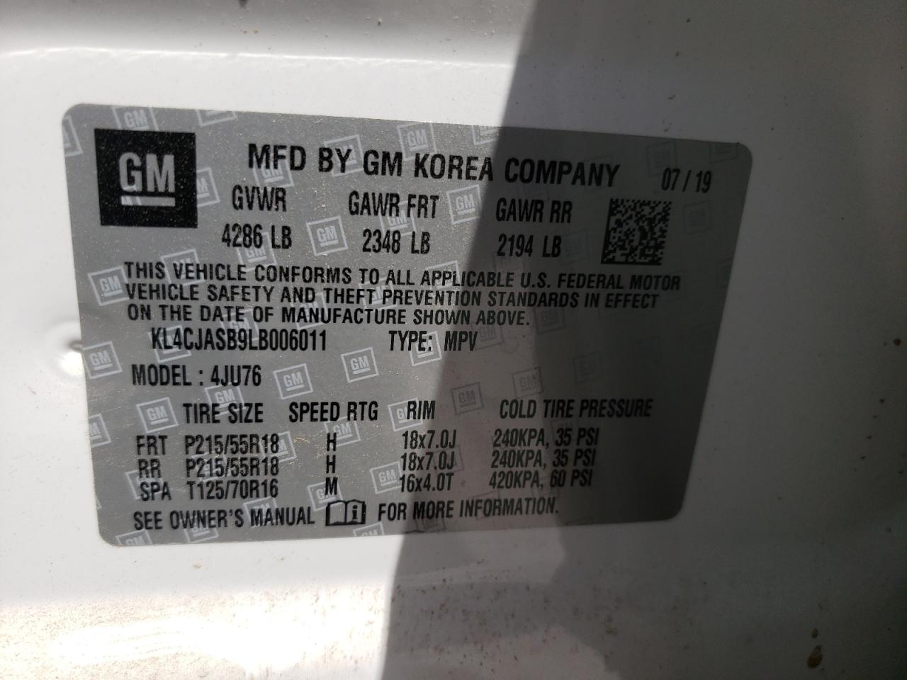 Photo 10 from auction – 2020 BUICK ENCORE PRE with VIN KL4CJASB9LB006011