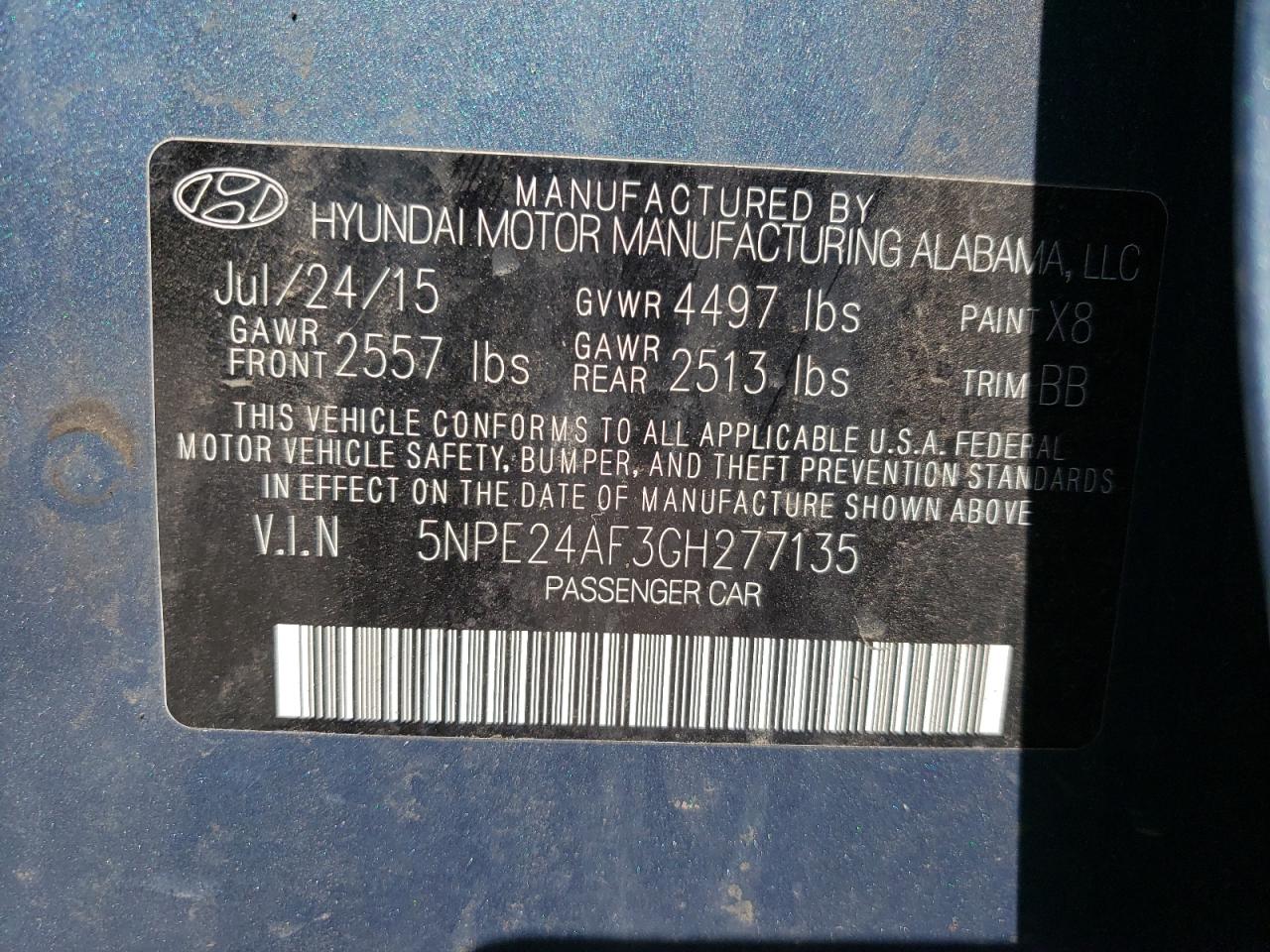 Photo 10 from auction – 2016 HYUNDAI SONATA SE with VIN 5NPE24AF3GH277135
