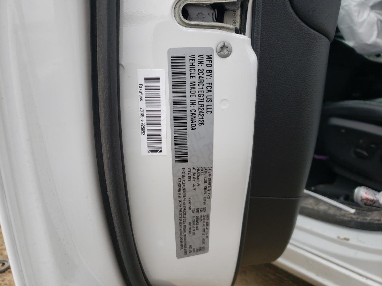 Photo 10 from auction – 2020 CHRYSLER PACIFICA T with VIN 2C4RC1EG7LR242126