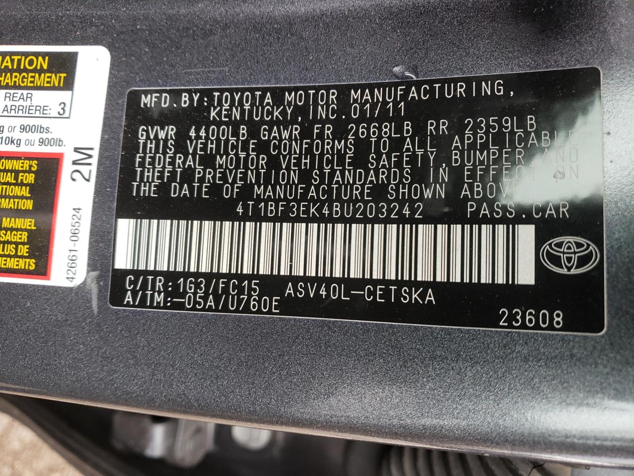 Photo 10 from auction – 2011 TOYOTA CAMRY BASE with VIN 4T1BF3EK4BU203242