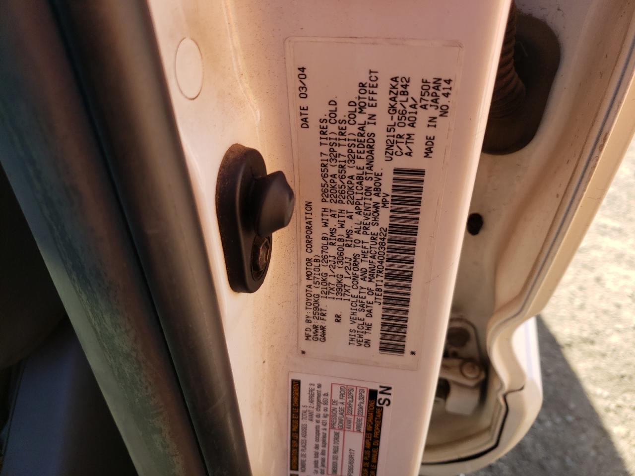Photo 10 from auction – 2004 TOYOTA 4RUNNER LI with VIN JTEBT17R040038422