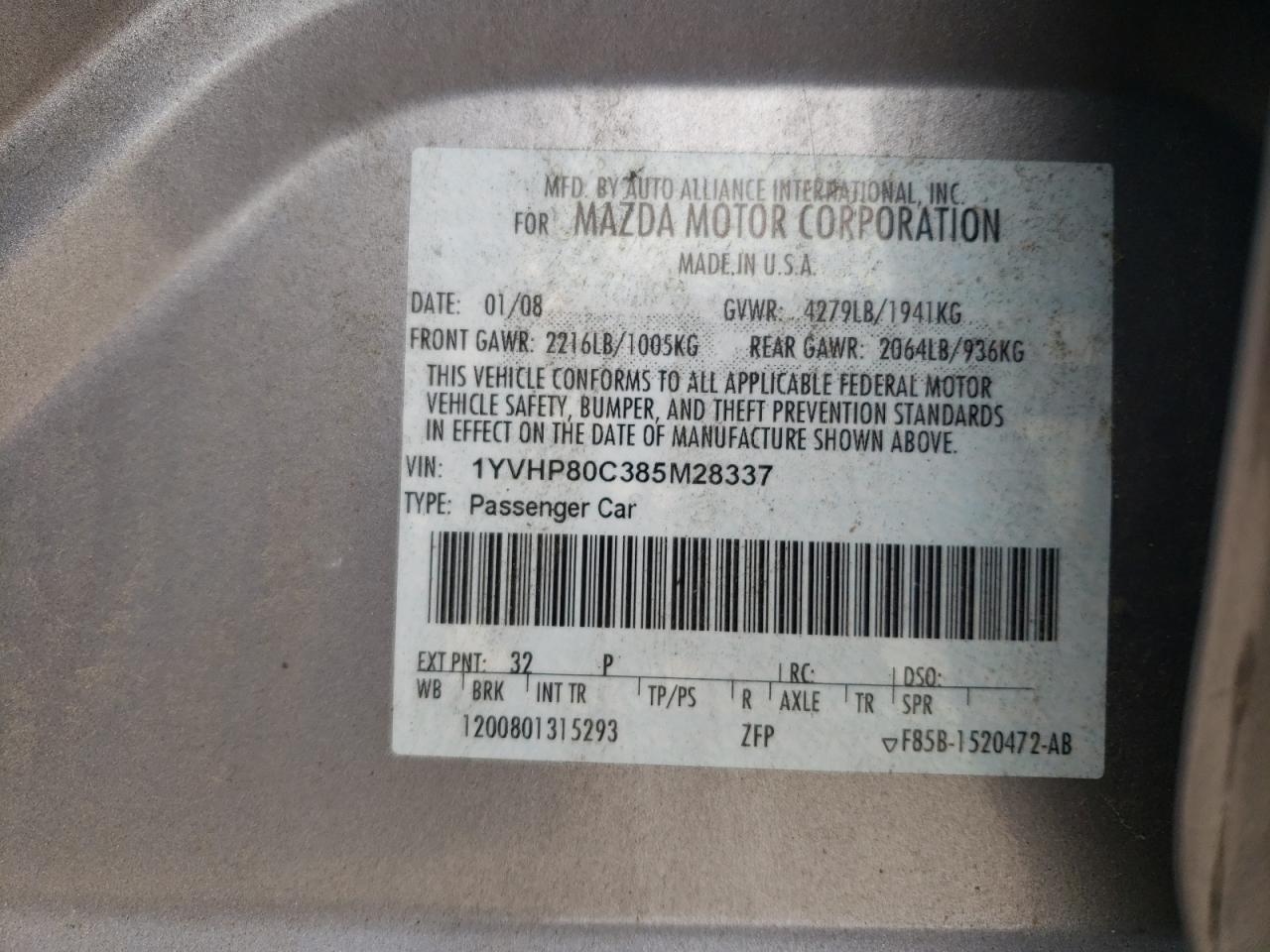 Photo 10 from auction – 2008 MAZDA 6 I with VIN 1YVHP80C385M28337