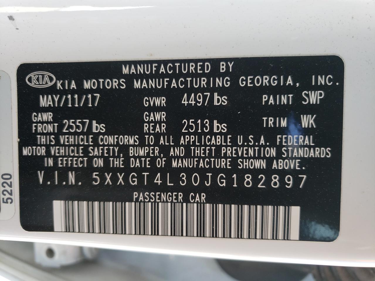 Photo 10 from auction – 2018 KIA OPTIMA LX with VIN 5XXGT4L30JG182897