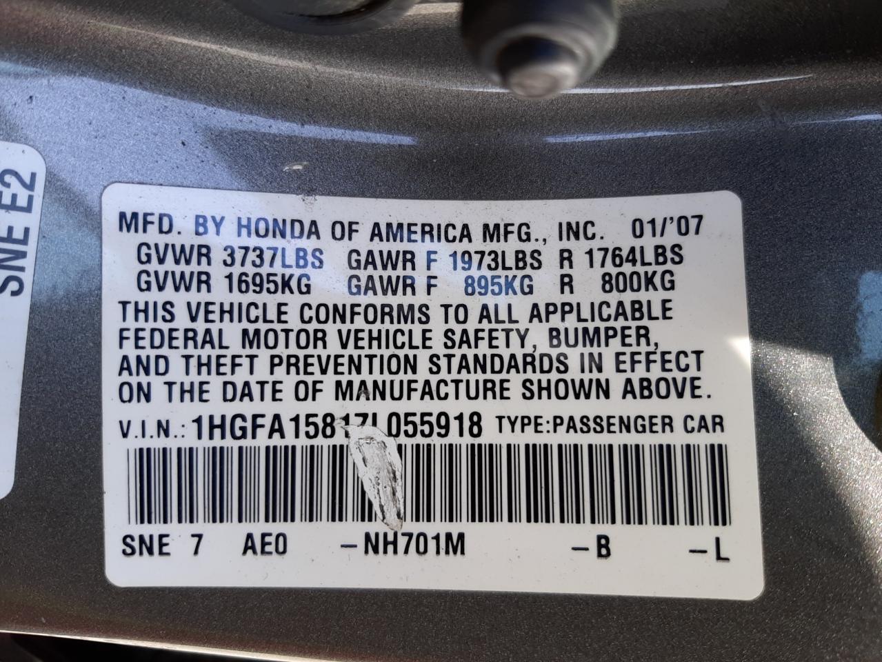 Photo 10 from auction – 2007 HONDA CIVIC EX with VIN 1HGFA15817L055918